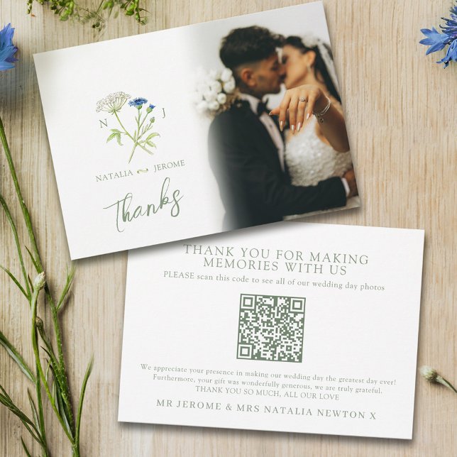 Wildflower monogram wedding photo QR Code Dankeskarte (Von Creator hochgeladen)