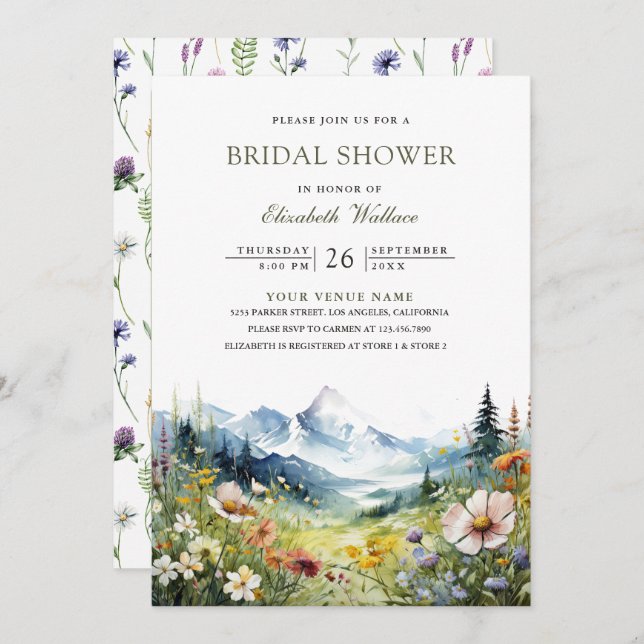 Wildflower Mountain Meadow QR Code Bridal Shower Einladung (Vorne/Hinten)