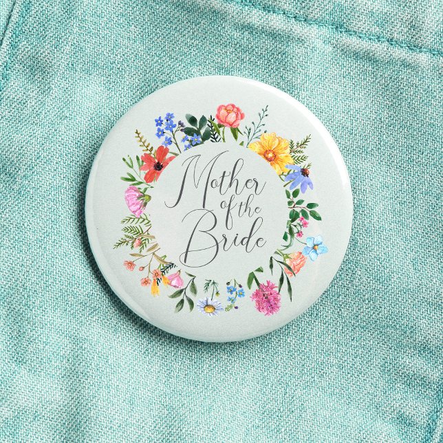Wildflower-Mutter-der-Braut-Script-Hochzeit  Button (Mother of the Bride Wildflower Watercolor Floral Wreath Wedding Button
)