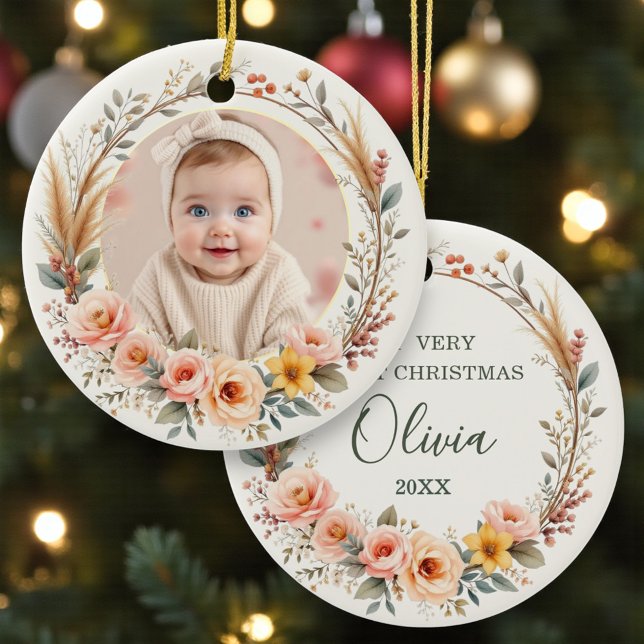 Wildflower Photo Baby First Christmas  Keramik Ornament (Von Creator hochgeladen)