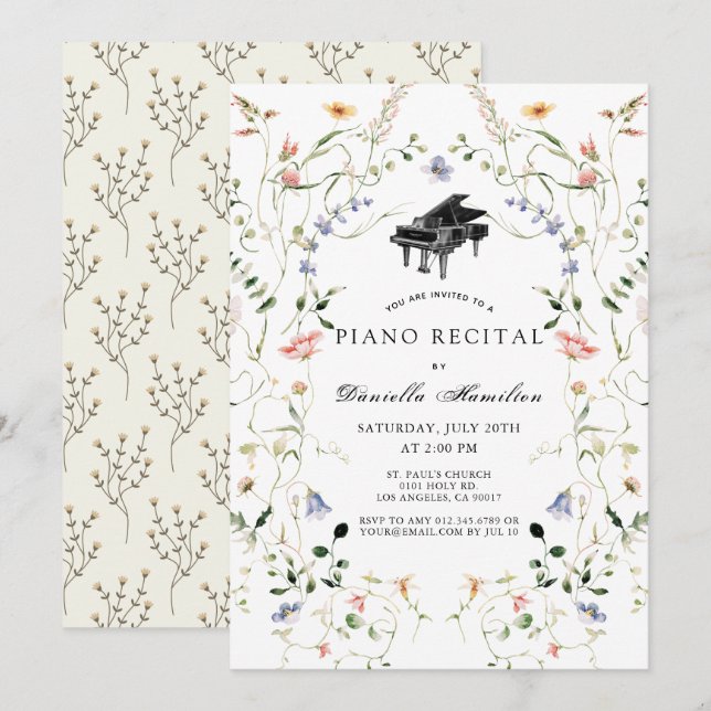 Wildflower Piano White Recital Invitation Einladung (Vorne/Hinten)
