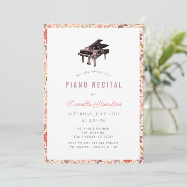 Wildflower Piano White Recital Invitation Einladung (Stehend Vorderseite)
