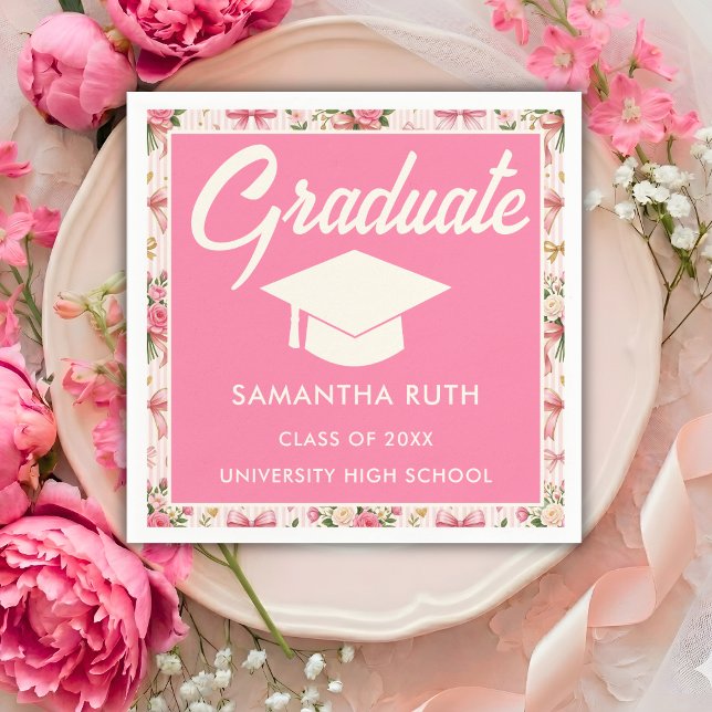 Wildflower Pink Striped Bows & Ribbons Graduation Serviette (Von Creator hochgeladen)