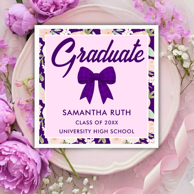 Wildflower Purple Gingham Bow Graduation Party Serviette (Von Creator hochgeladen)