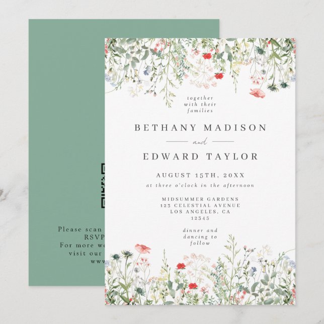 Wildflower QR-Code-Hochzeit Einladung (Vorne/Hinten)