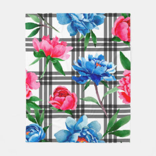 Wildflower red and blue peonies flowers pattern in fleecedecke
