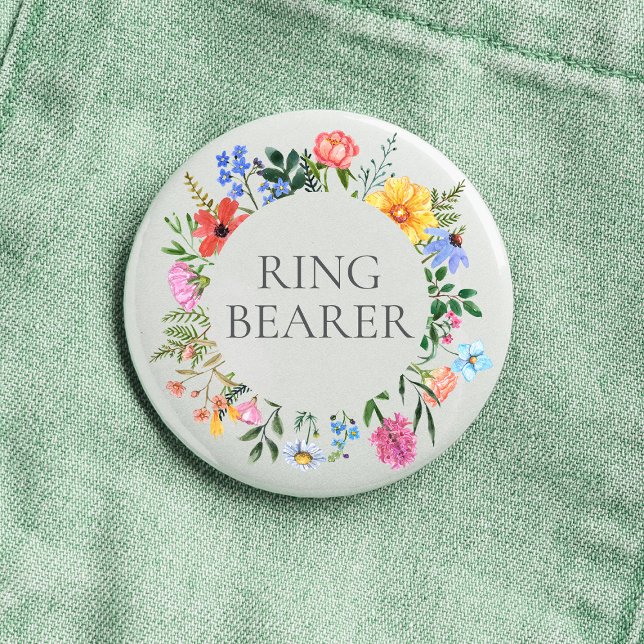 Wildflower-Ringträger-Hochzeit  Button (Ring Bearer Wildflower Watercolor Floral Wreath Wedding Button)