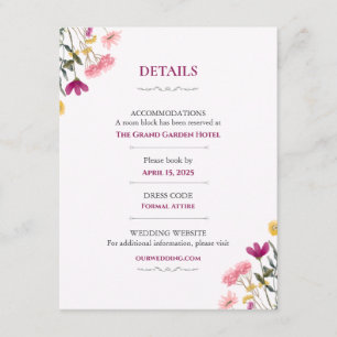 Wildflower Romance Hochzeitsdetails Karte Pink F