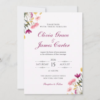 Wildflower-Romantik-Hochzeitseinladung | Rosa Flor Einladung