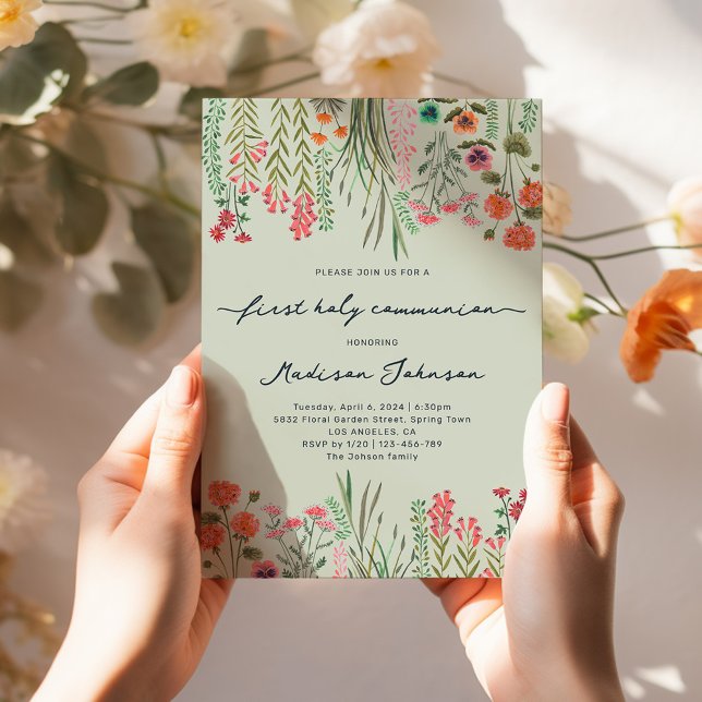 Wildflower Sage Green First Holy Communion Einladung (Wildflower Sage Green First Holy Communion Invitation)