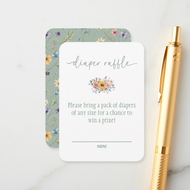 Wildflower Solid Green Baby Shower Diaper Raffle  Begleitkarte (Vorderseite/Rückseite Beispiel)