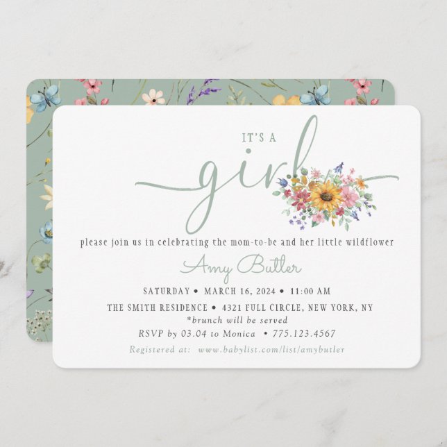 Wildflower Solid Green Shower Book Invitation Einladung (Vorne/Hinten)