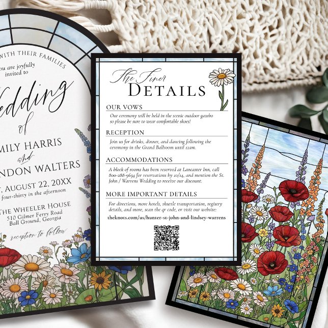Wildflower Stained Glass Floral Wedding Details Begleitkarte (Elegant modern wildflower stained glass unique poppy daisy sunflower wedding invitation details card)