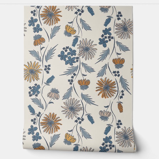 Wildflower Stripes - Muted Gold And Denim Blue Tapete (Abrollen)