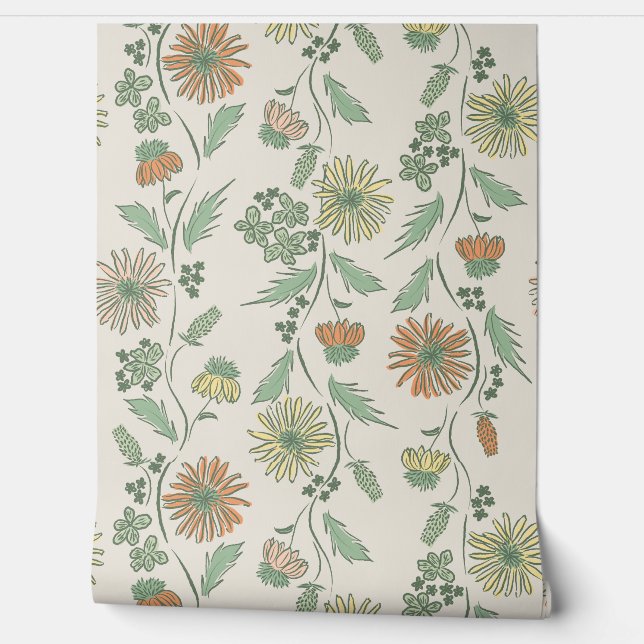 Wildflower Stripes - Yellow And Mint Green And Cre Tapete (Abrollen)