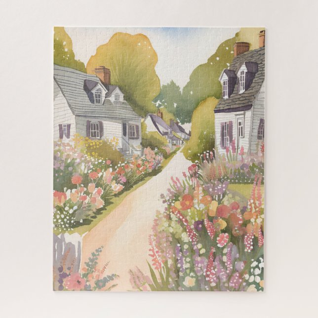 Wildflower Way | Wasserfarbenes Küstendorf Puzzle (Vertikal)