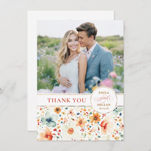 Wildflower Wedding Two Sided Thank You Photo Dankeskarte (Vorne/Hinten)
