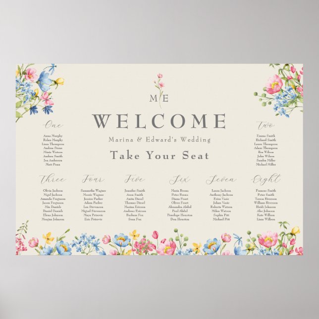 Wildflower Wedding Welcome Seating Chart Poster (Vorne)