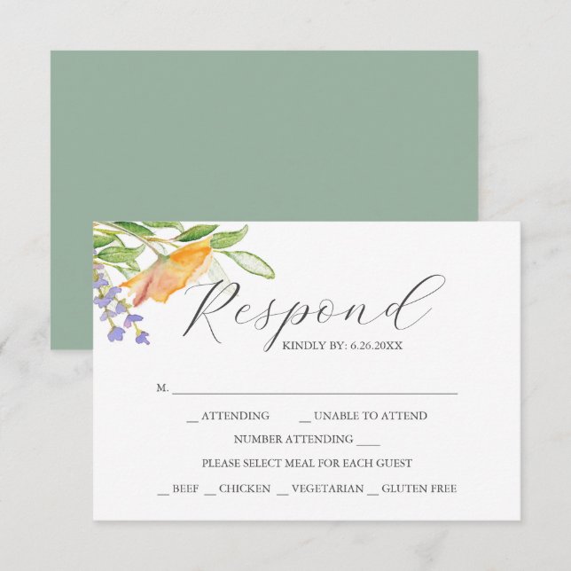 Wildflower with Meal Choice RSVP Cards Karte (Vorne/Hinten)