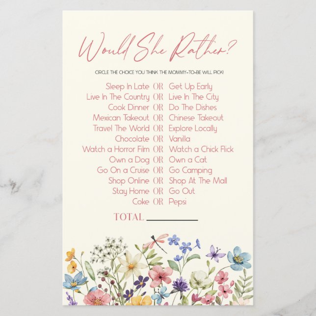 Wildflower Would She Rather Baby Shower Game (Vorderseite)