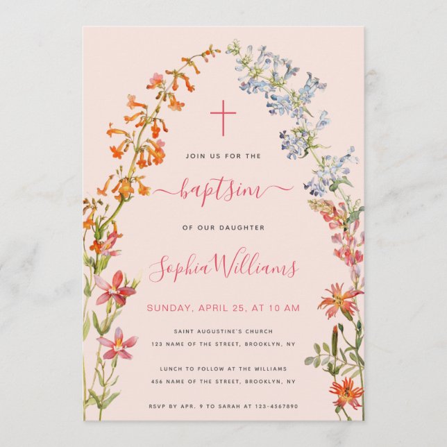 Wildflowers Baptism Pink Floral Watercolor Girl  Einladung (Vorderseite)