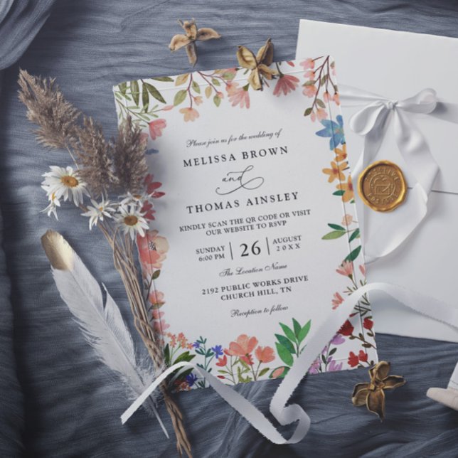 Wildflowers Elegant Modern Chic QR Code Wedding Einladung (Von Creator hochgeladen)