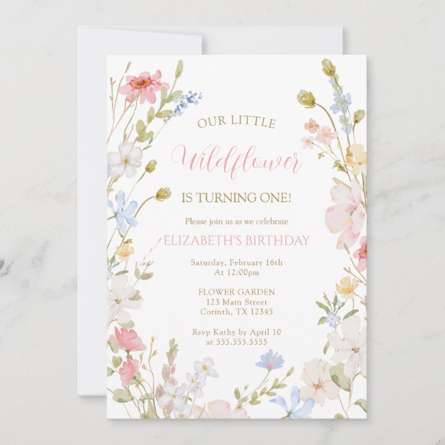 Wildflowers elegant Spring First Birthday Einladung (Vorderseite)