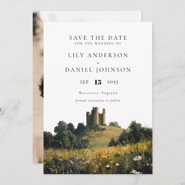 Wildflowers Floral Castle Photo Wedding Save The Date (Vorne/Hinten)