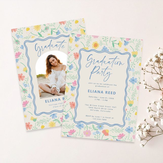 Wildflowers Floral Photo Graduation Invitation Einladung (Wildflower pattern pastel colors graduation photo announcement with invitation on the back )