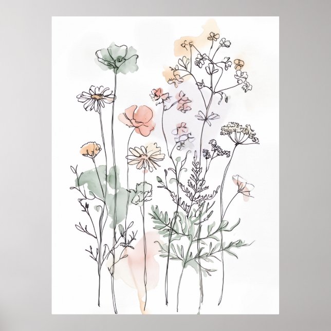 Wildflowers & Leafy Branches, Modern Home Décor Poster (Vorne)