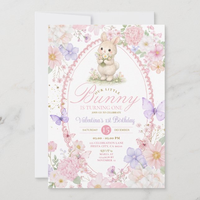 Wildflowers Pink Bunny First Birthday Invitation  Einladung (Vorderseite)
