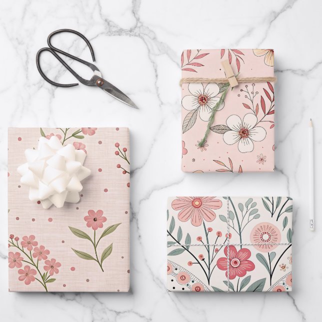 Wildflowers Pink Pastel Botanical Garden Floral  Geschenkpapier Set (Vorderseite)