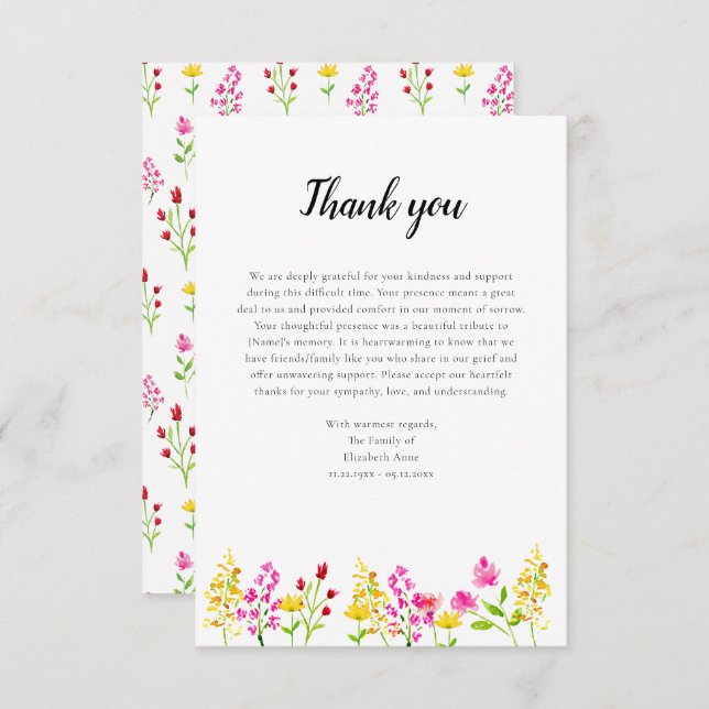 Wildflowers Script Funeral Thank you Watercolor Dankeskarte (Vorne/Hinten)