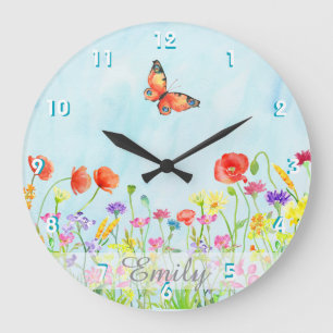 wildflowers spring flower watercolors customizable große wanduhr