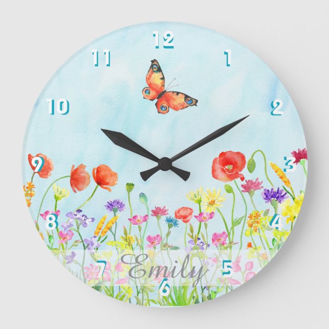 wildflowers spring flower watercolors customizable große wanduhr (Vorderseite)