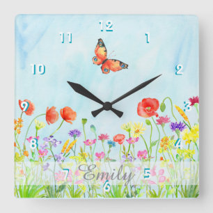 wildflowers spring flowers watercolor customizable quadratische wanduhr