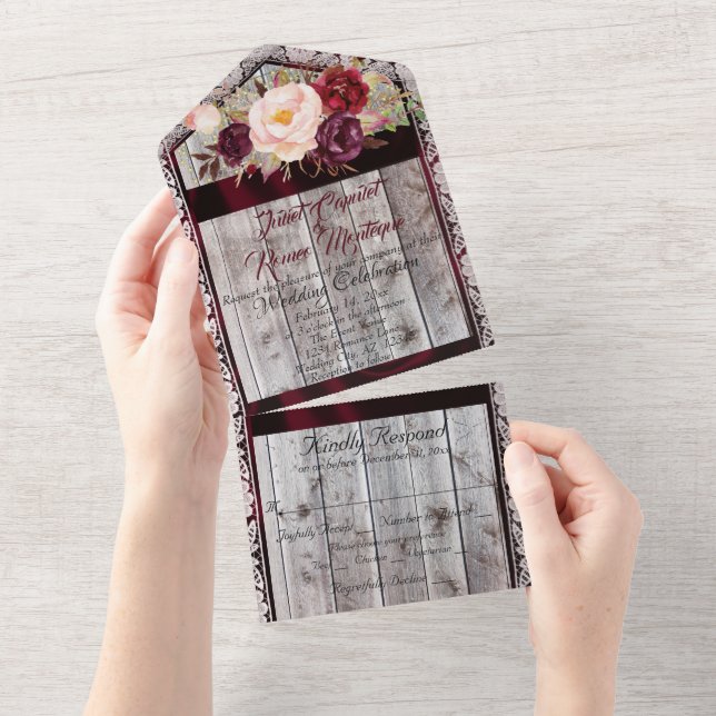 Wildflowers with Burgundy Ribbon, Lace & Lights All In One Einladung (Abreißen)