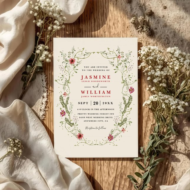 Wildflowers Wreath Red Flowers QR Code Wedding Einladung (Von Creator hochgeladen)