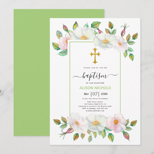 Wildhund-Rose, Weiß und Rosa, grüne Blüte Taufe Einladung (Vorne/Hinten)