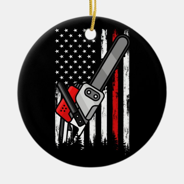 Wildland Firefighter Chainsaw Red Line American Fl Keramik Ornament (Vorne)