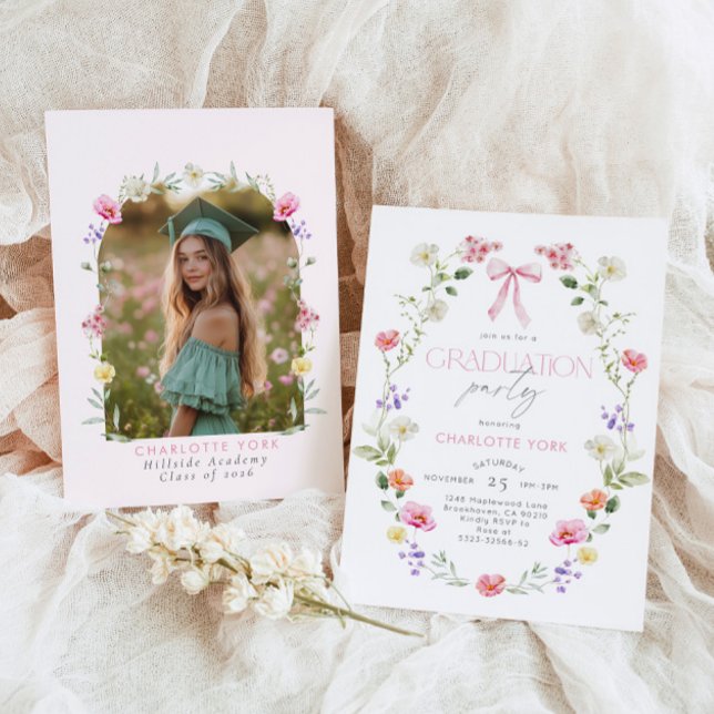 Wildlfower Graduation party Pink Bow Einladung (Von Creator hochgeladen)