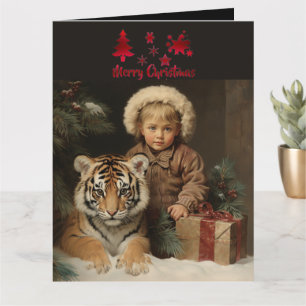 Wildlife Child Tiger Weihnachtsfest Vintag Karte