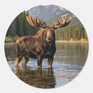 Wildlife Elch Berg Fluss  Runder Aufkleber
