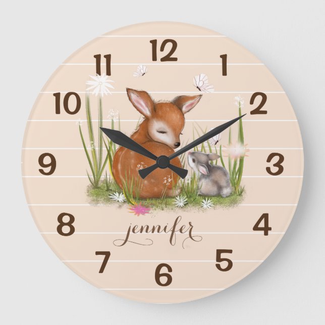 Wildlife Fawn Bunny Butterfly Nature Wall Clock Große Wanduhr (Vorderseite)