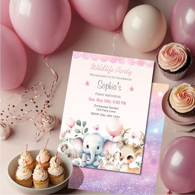 Wildlife Niedlicher Tiere Rosa Geburtstagsparty Einladung (Von Creator hochgeladen)