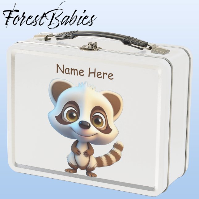Wildlife Raccoon Woodland Animal Cartoon Graphic Metall Brotdose (Raccoon, White ForestBabies Lunch Box)
