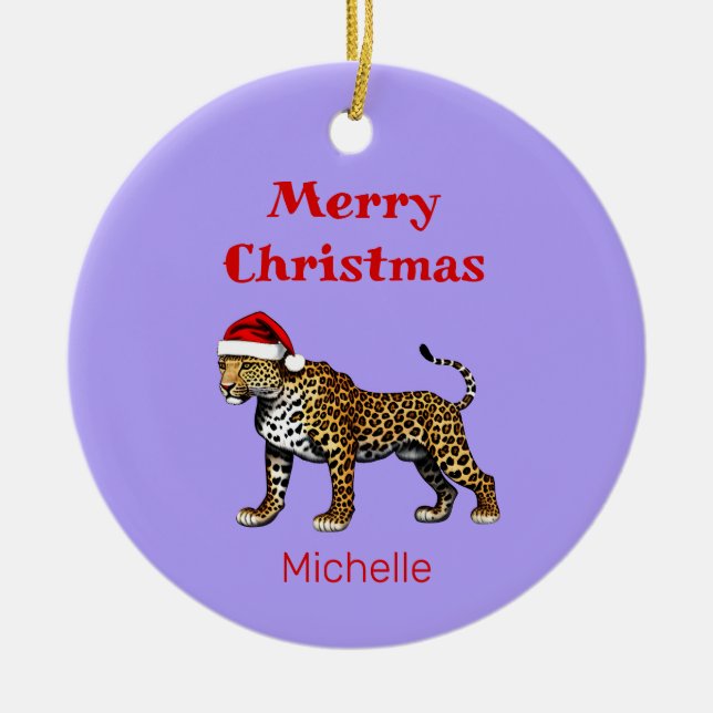 Wildlife Safari Animal Leopard Weihnachtsmannmütze Keramik Ornament (Vorne)