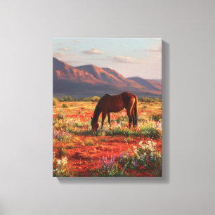 Wildpferd blühende Wüsten-Sonnenuntergangs-Kunst Leinwanddruck