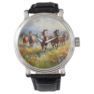 Wildpferde laufen auf einer Wildblumenwiese Armbanduhr