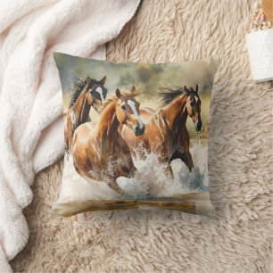 Wildpferde laufen braun schwarze Aquarellmalerei  Kissen